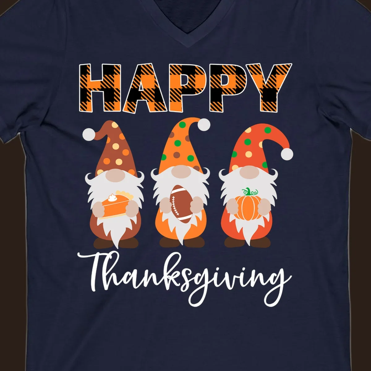 Happy Thanksgiving design with three gnomes holding pie, football, and pumpkin.