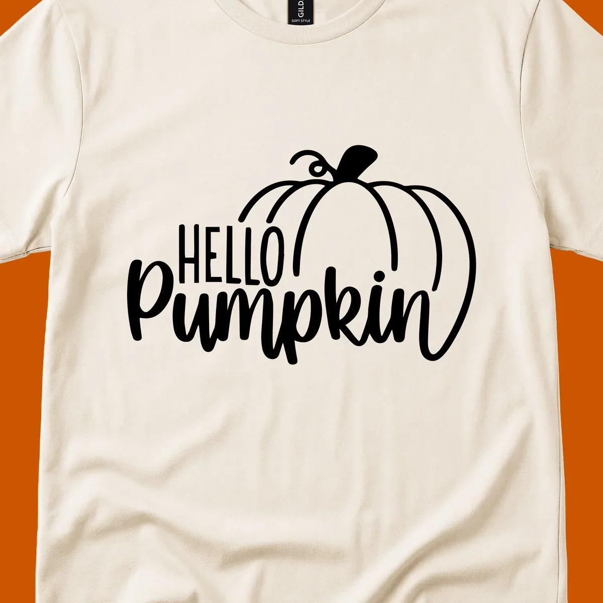 White hello pumpkin text with a pumpkin illustration, autumn holiday design