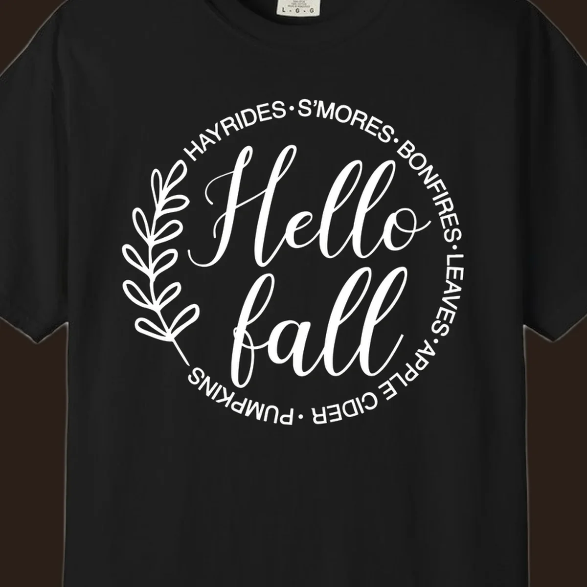Hello fall seasonal wreath with activities text, white on black and white backgrounds.