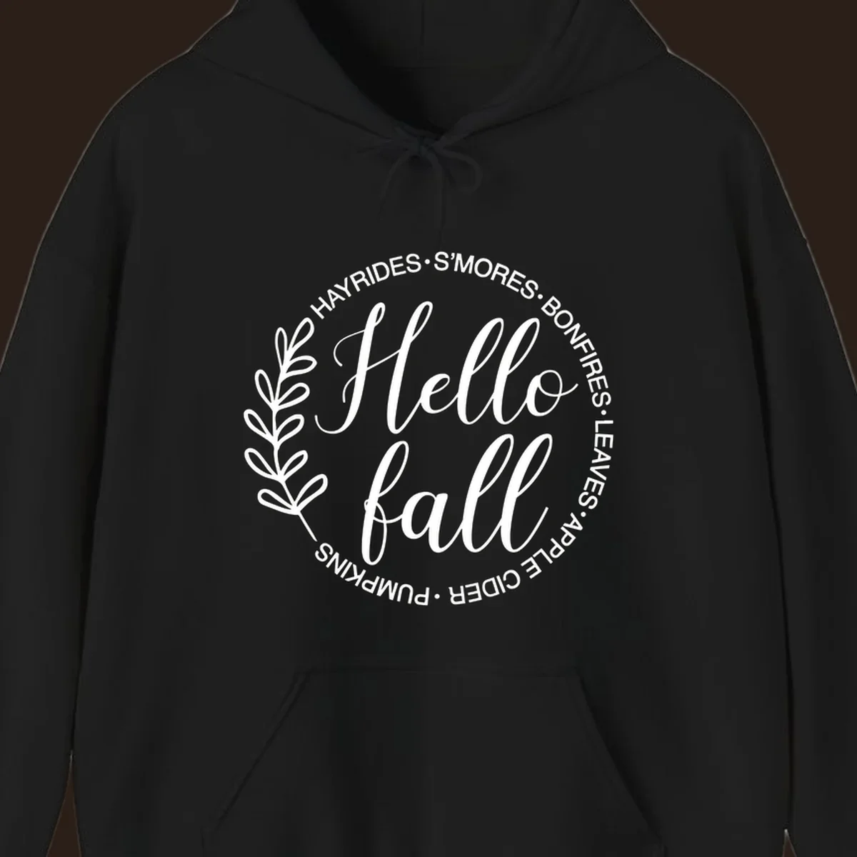 Hello fall seasonal wreath with activities text, white on black and white backgrounds.