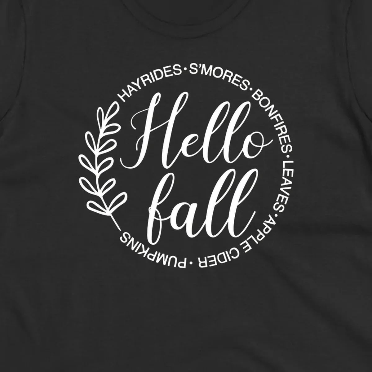 Hello fall seasonal wreath with activities text, white on black and white backgrounds.