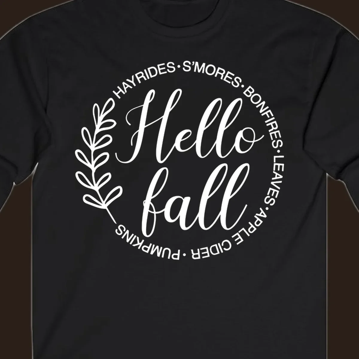 Hello fall seasonal wreath with activities text, white on black and white backgrounds.