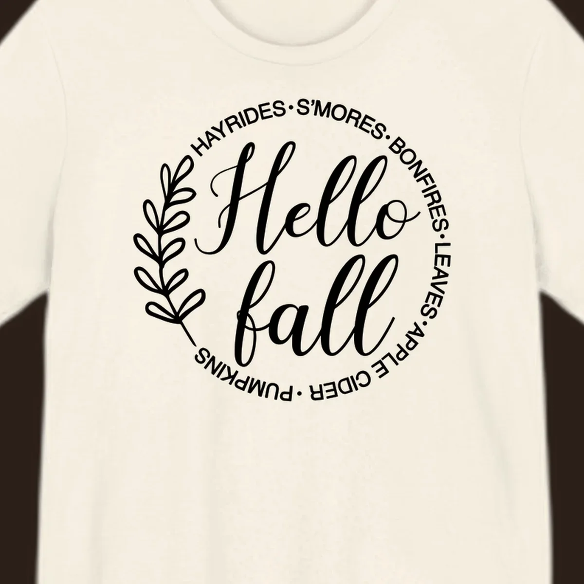 Hello fall seasonal wreath with activities text, white on black and white backgrounds.