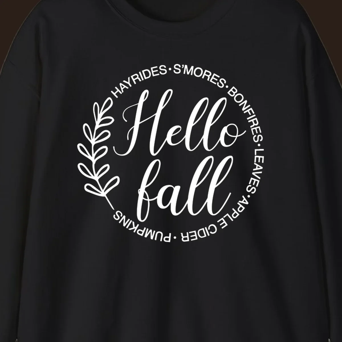 Hello fall seasonal wreath with activities text, white on black and white backgrounds.