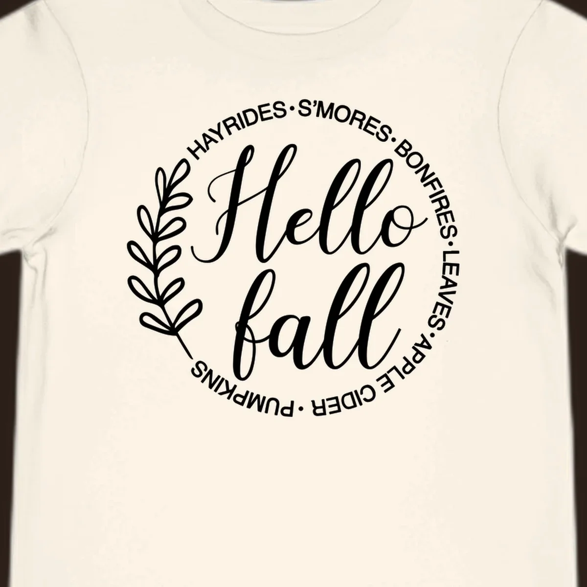 Hello fall seasonal wreath with activities text, white on black and white backgrounds.
