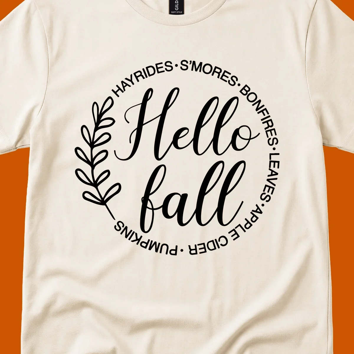 Hello fall seasonal wreath with activities text, white on black and white backgrounds.