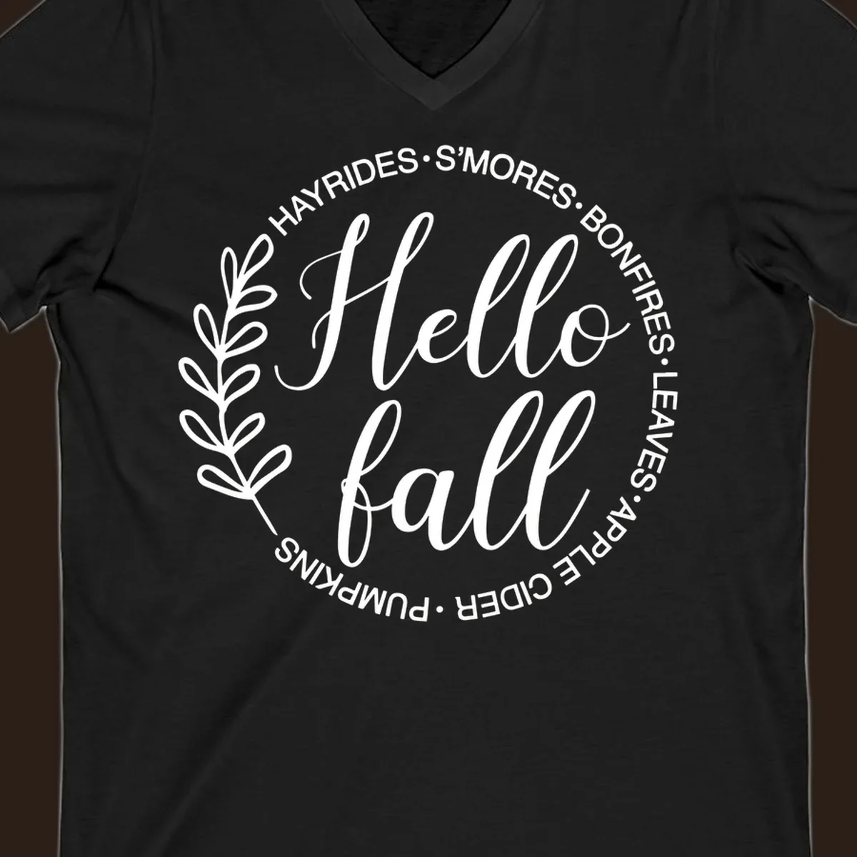 Hello fall seasonal wreath with activities text, white on black and white backgrounds.