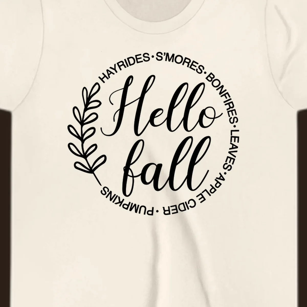 Hello fall seasonal wreath with activities text, white on black and white backgrounds.