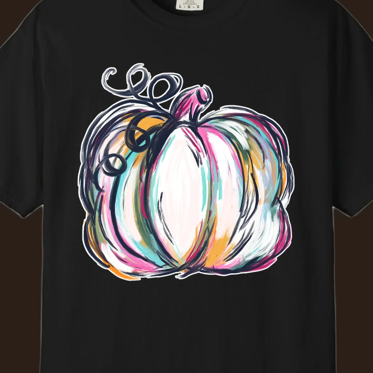 Abstract pumpkin with colorful brush strokes and swirls, fall graphic.