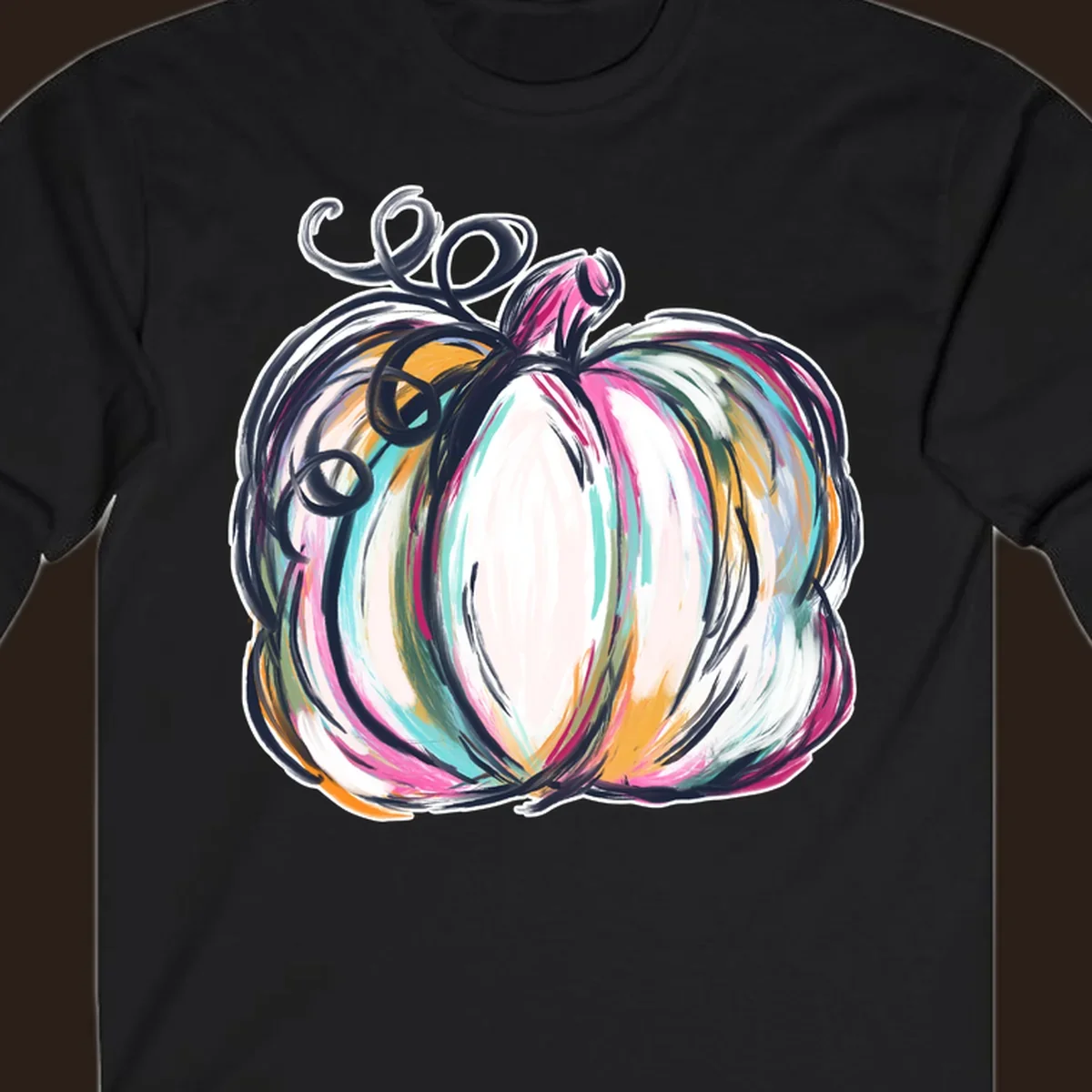 Abstract pumpkin with colorful brush strokes and swirls, fall graphic.