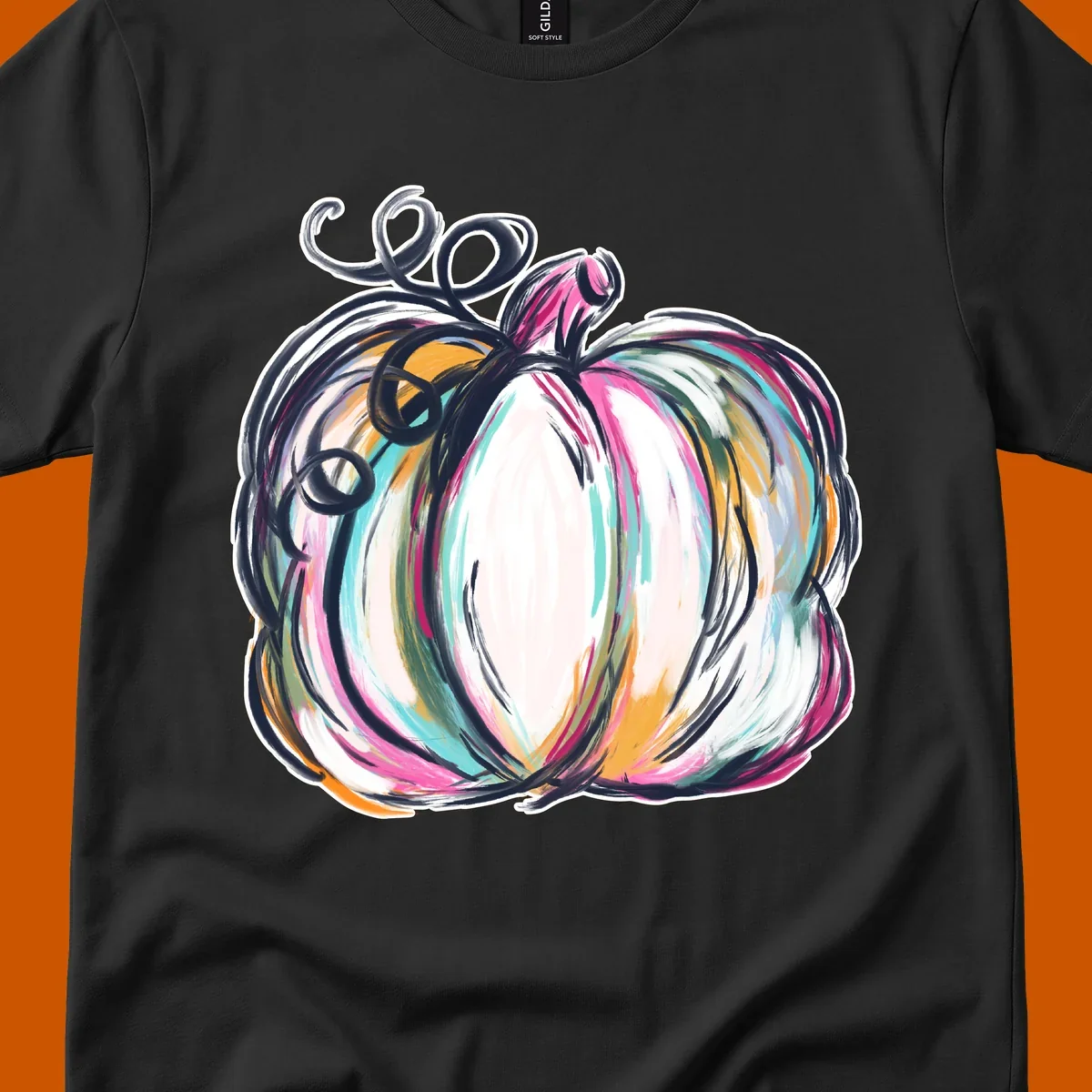 Abstract pumpkin with colorful brush strokes and swirls, fall graphic.