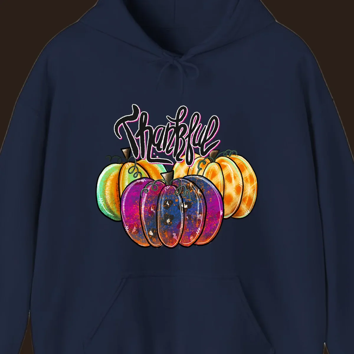 Fall pumpkin patch thankful script design. Colorful pumpkins with text.