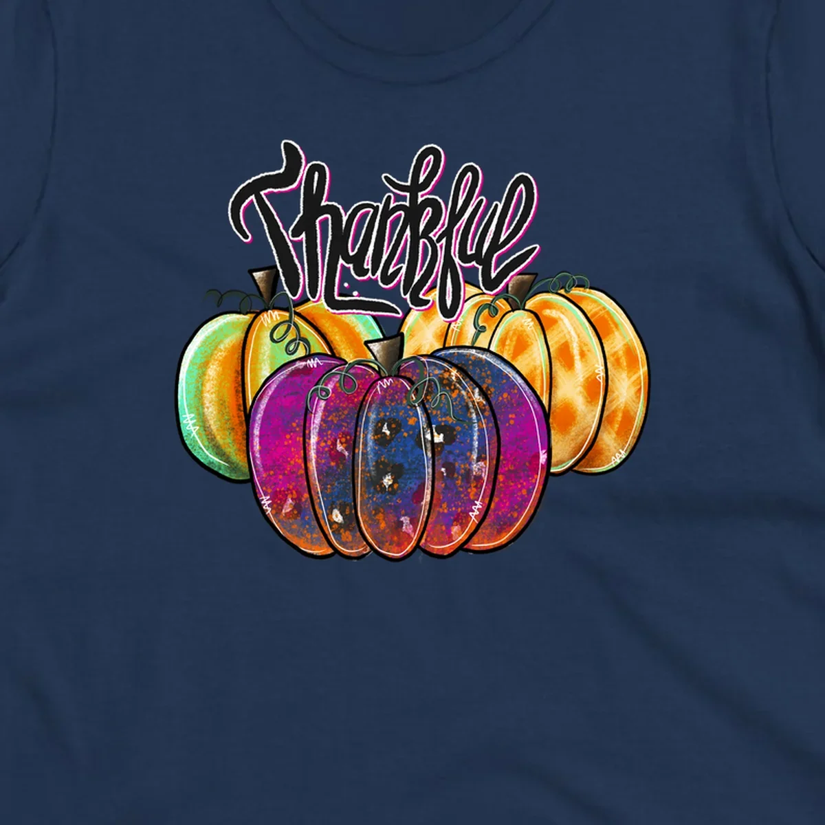 Fall pumpkin patch thankful script design. Colorful pumpkins with text.