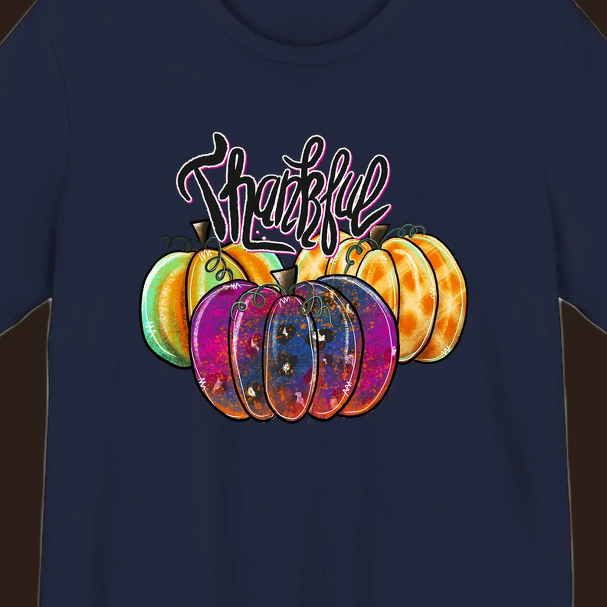 Fall pumpkin patch thankful script design. Colorful pumpkins with text.