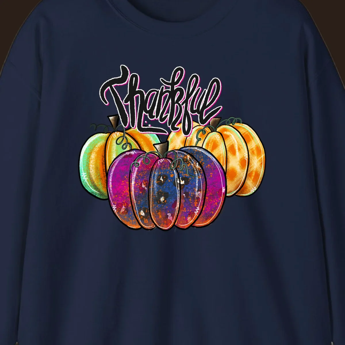 Fall pumpkin patch thankful script design. Colorful pumpkins with text.