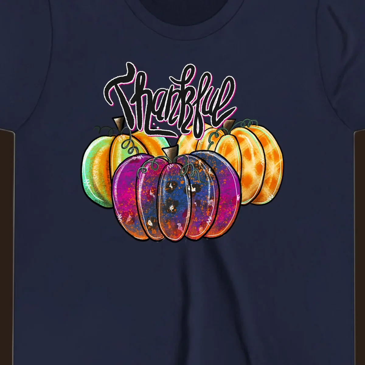 Fall pumpkin patch thankful script design. Colorful pumpkins with text.