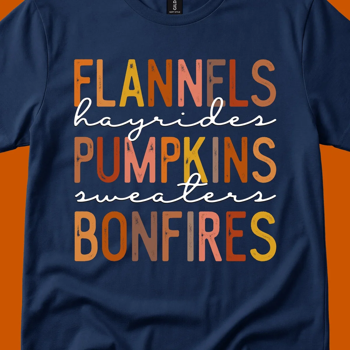 Fall word collection design with flannels, pumpkins, and bonfires.