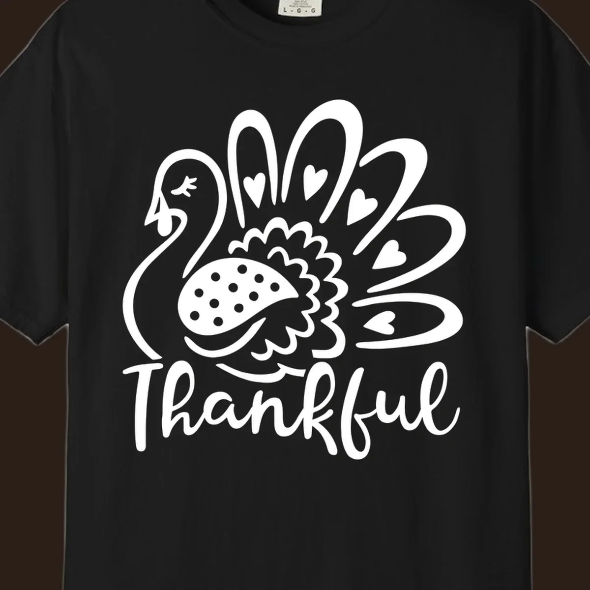 Cute thankful turkey illustration with hearts and polka dots, Thanksgiving shirt design.