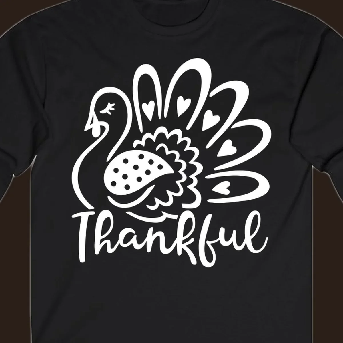 Cute thankful turkey illustration with hearts and polka dots, Thanksgiving shirt design.