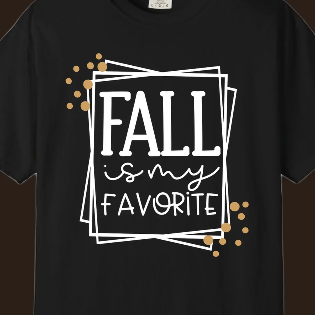 Fall is my favorite phrase typography design with white and gold accents on a black background.