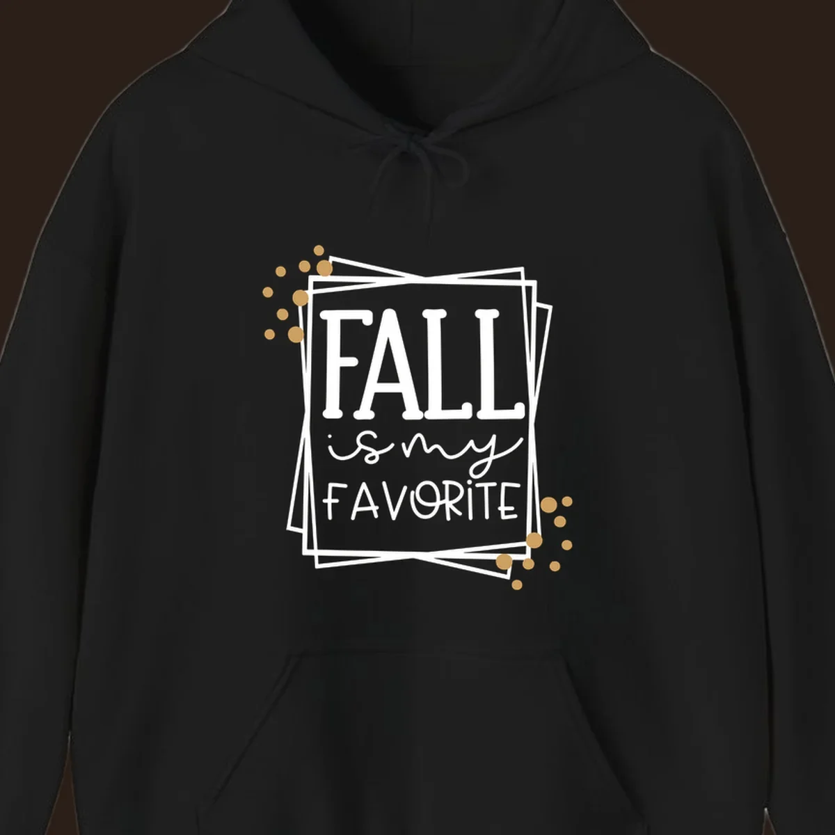 Fall is my favorite phrase typography design with white and gold accents on a black background.