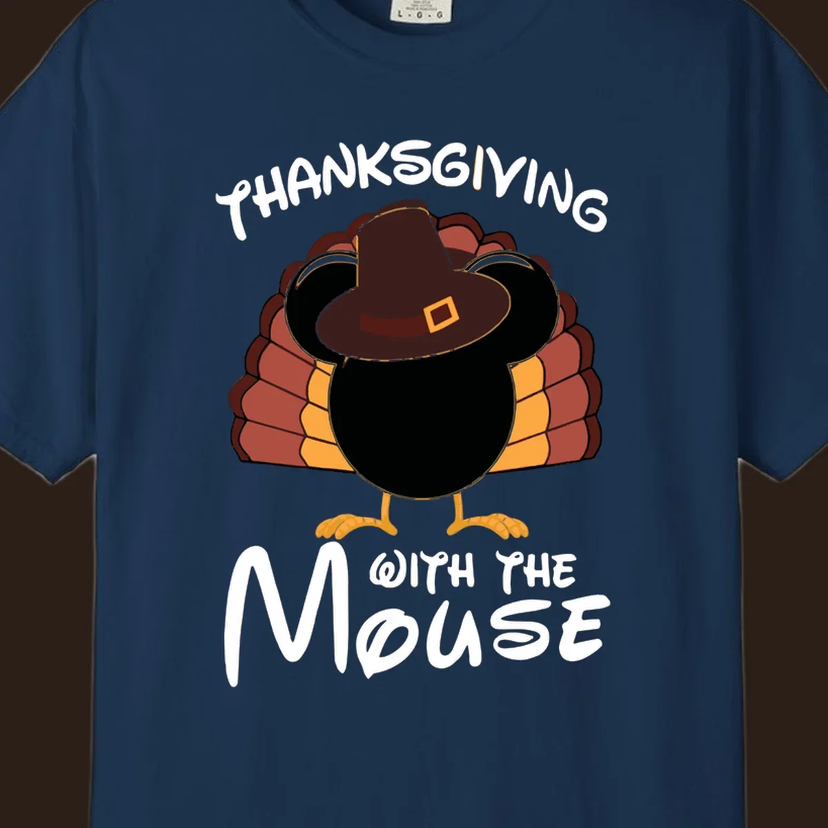 Thanksgiving with the mouse turkey design featuring a cartoon turkey in a pilgrim hat.