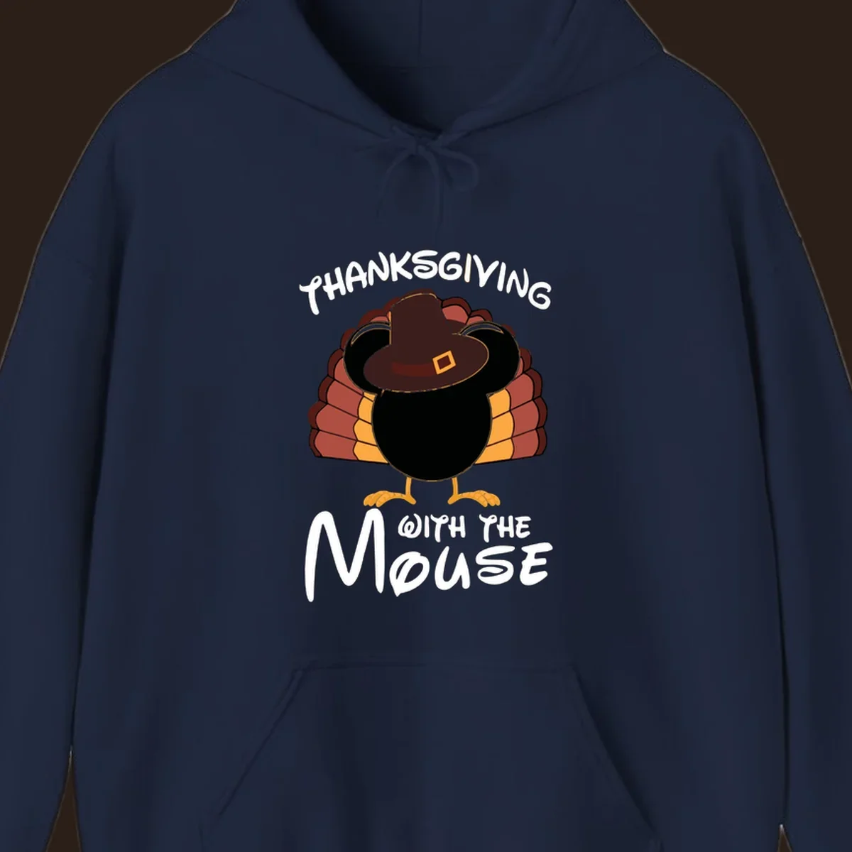 Thanksgiving with the mouse turkey design featuring a cartoon turkey in a pilgrim hat.