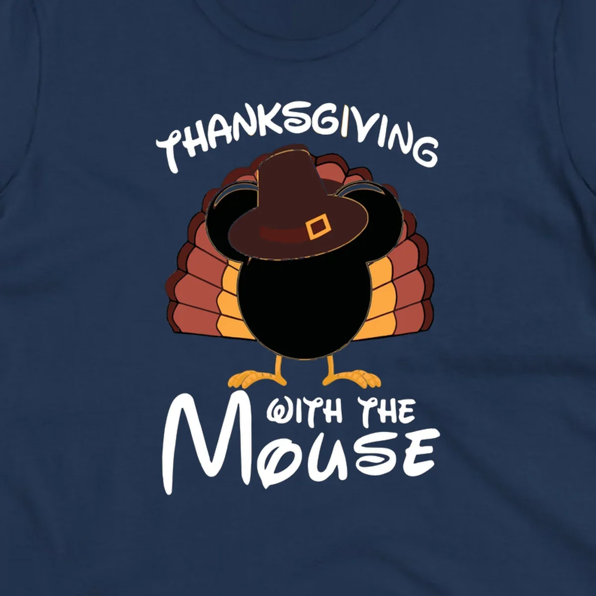 Thanksgiving with the mouse turkey design featuring a cartoon turkey in a pilgrim hat.