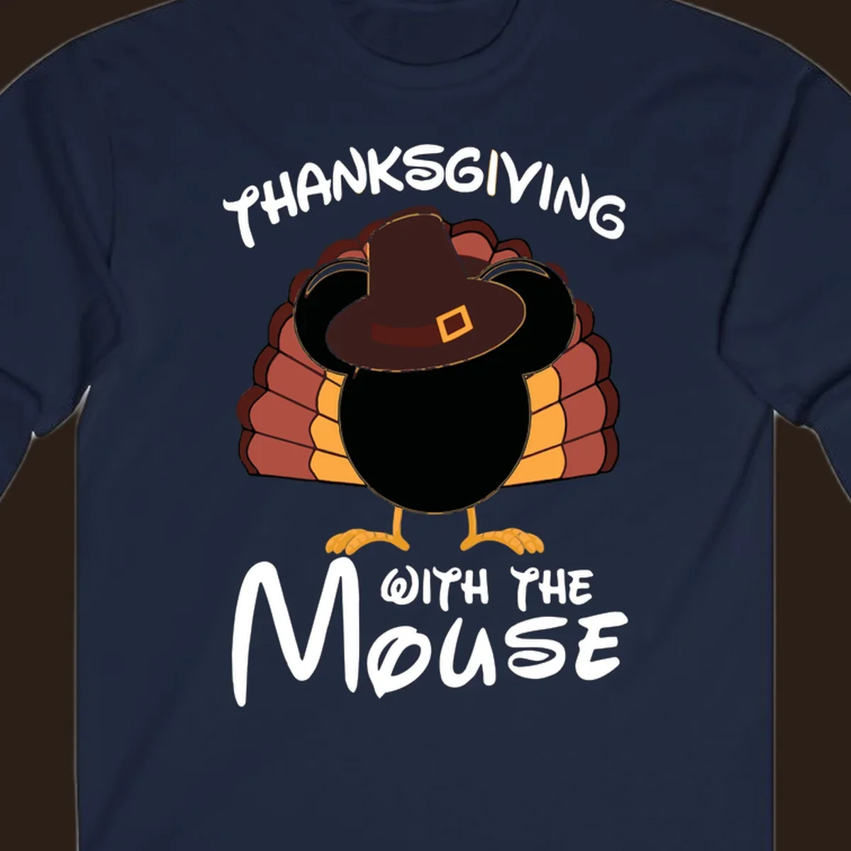 Thanksgiving with the mouse turkey design featuring a cartoon turkey in a pilgrim hat.