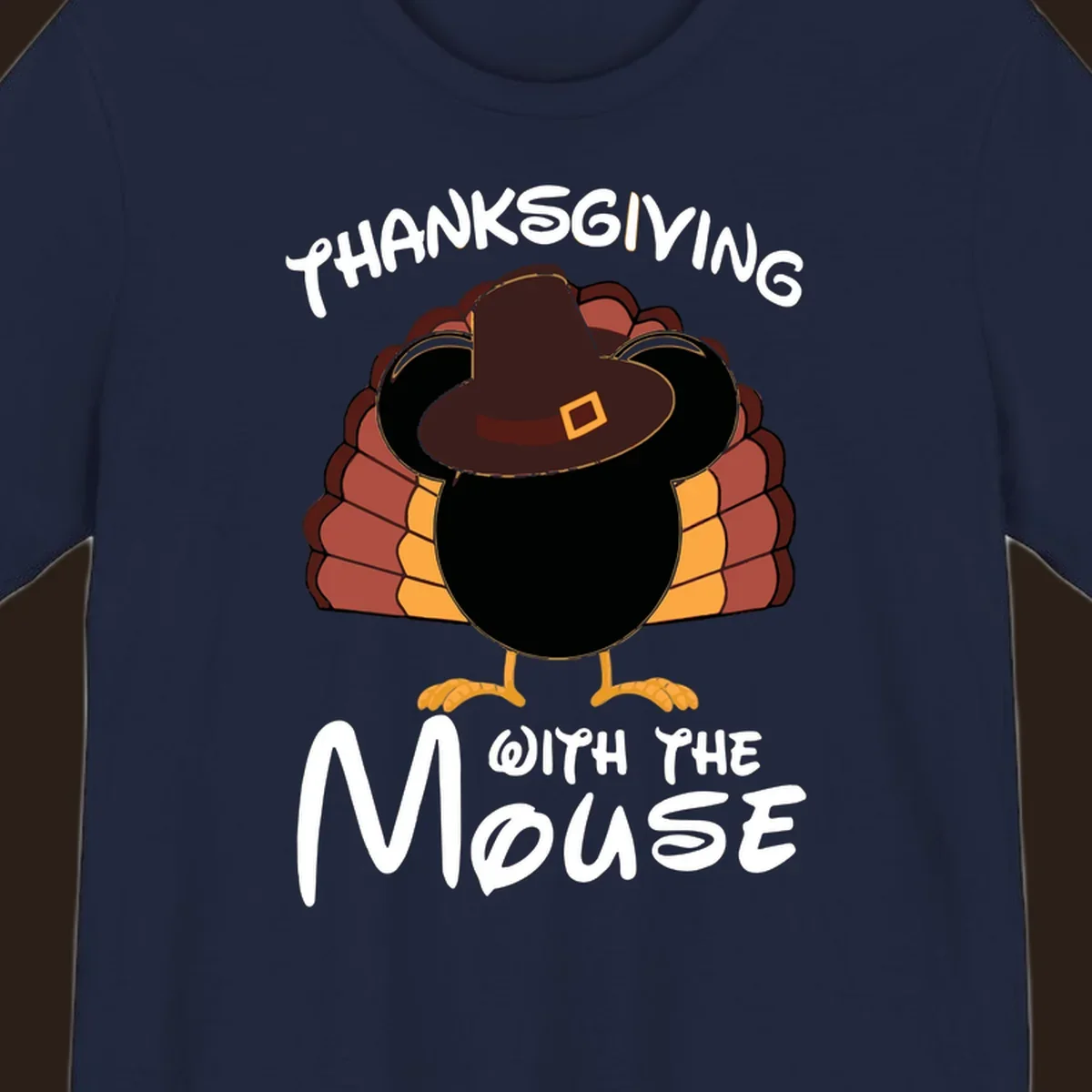 Thanksgiving with the mouse turkey design featuring a cartoon turkey in a pilgrim hat.