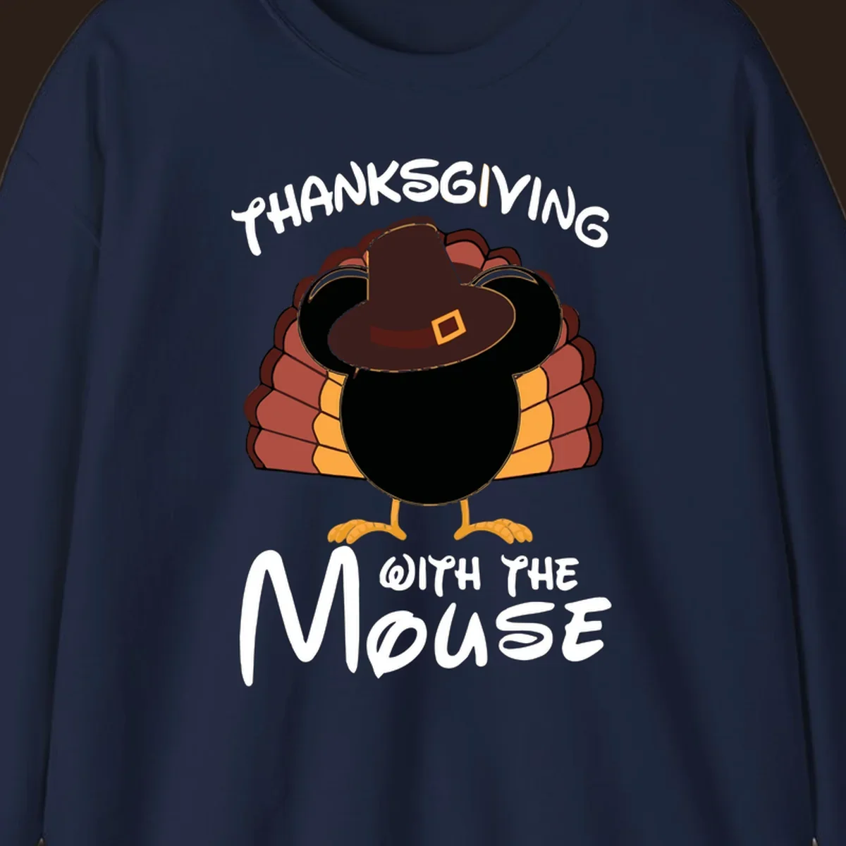 Thanksgiving with the mouse turkey design featuring a cartoon turkey in a pilgrim hat.
