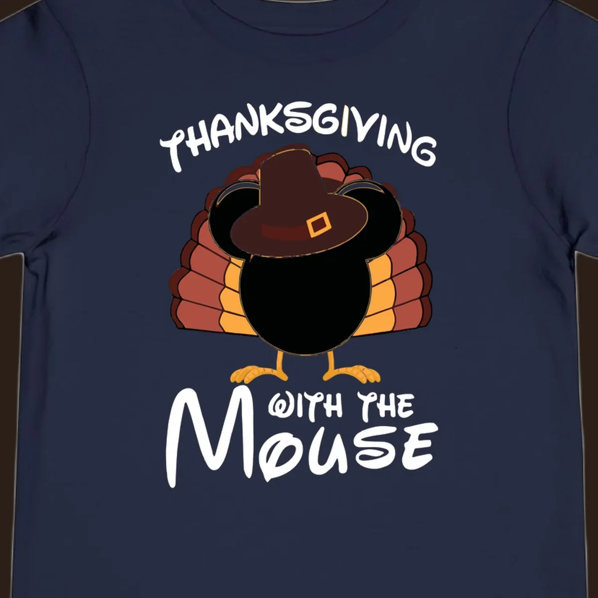 Thanksgiving with the mouse turkey design featuring a cartoon turkey in a pilgrim hat.