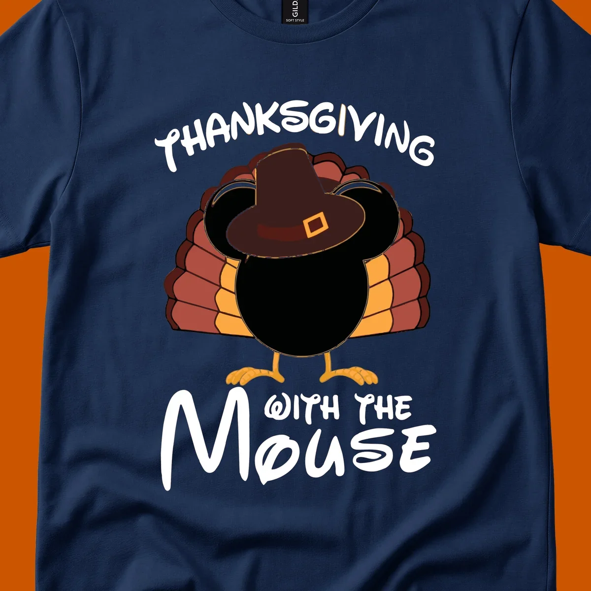 Thanksgiving with the mouse turkey design featuring a cartoon turkey in a pilgrim hat.