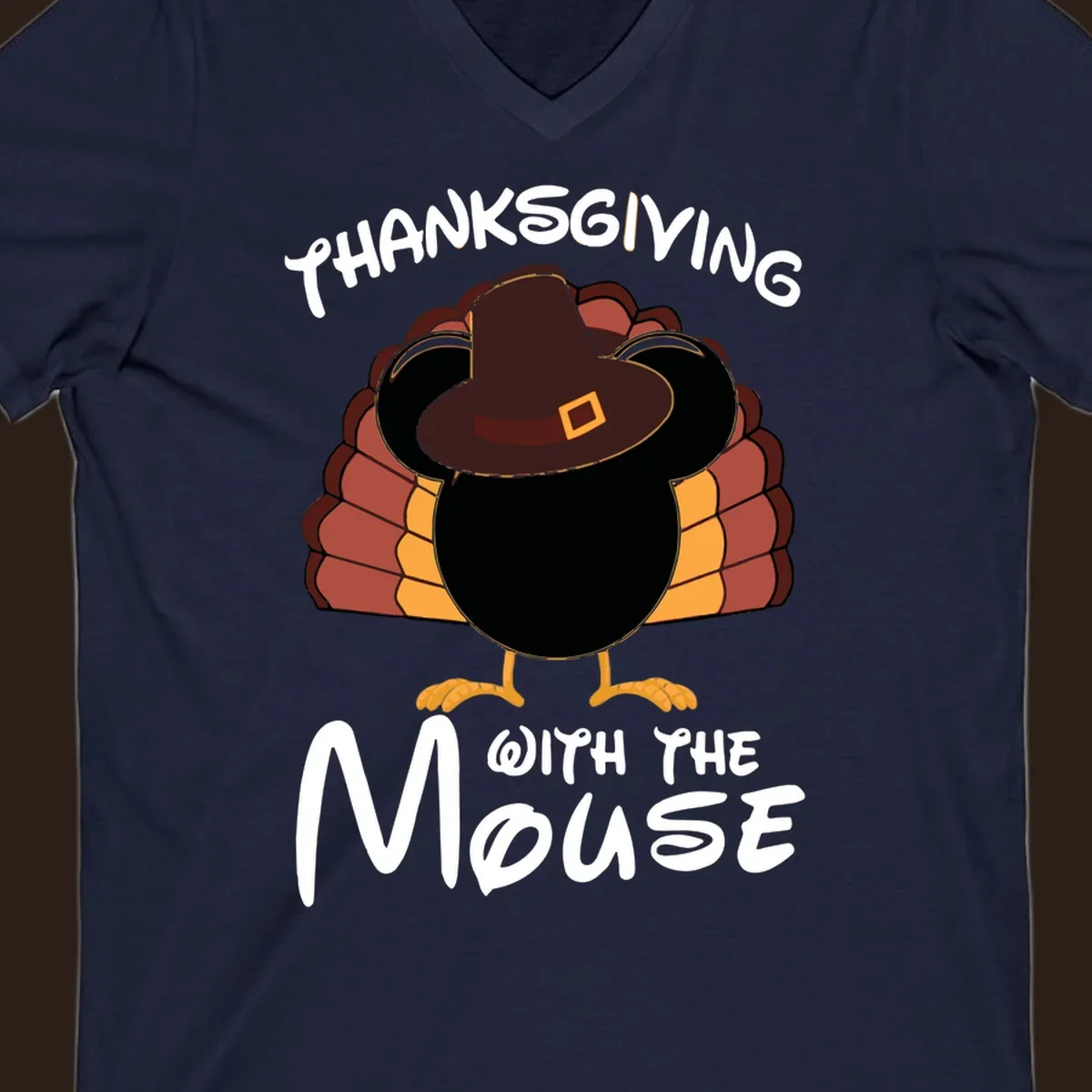 Thanksgiving with the mouse turkey design featuring a cartoon turkey in a pilgrim hat.