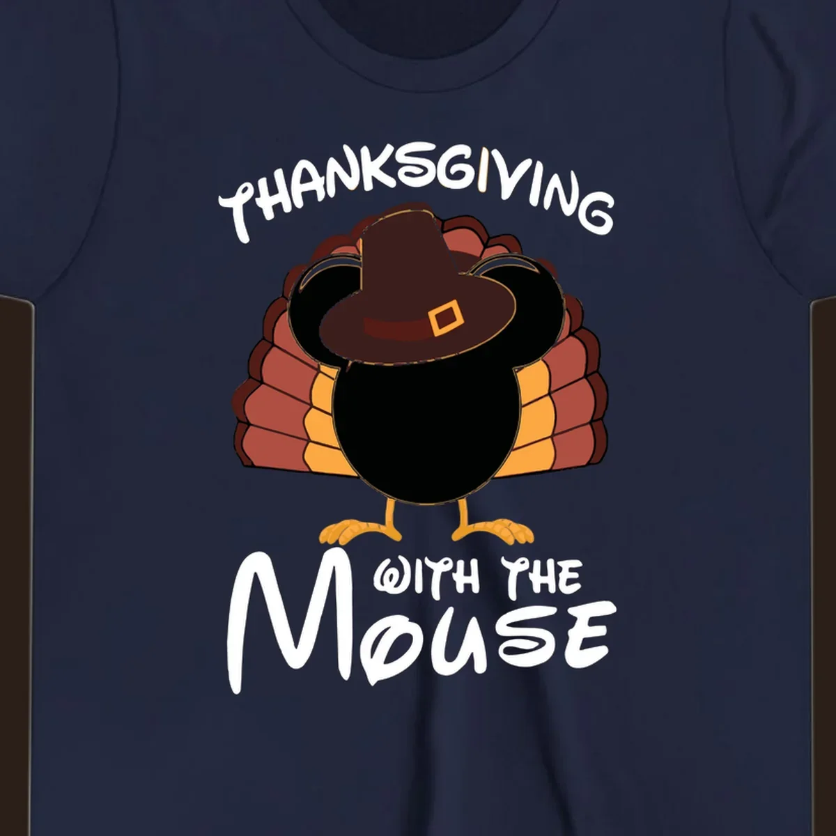 Thanksgiving with the mouse turkey design featuring a cartoon turkey in a pilgrim hat.