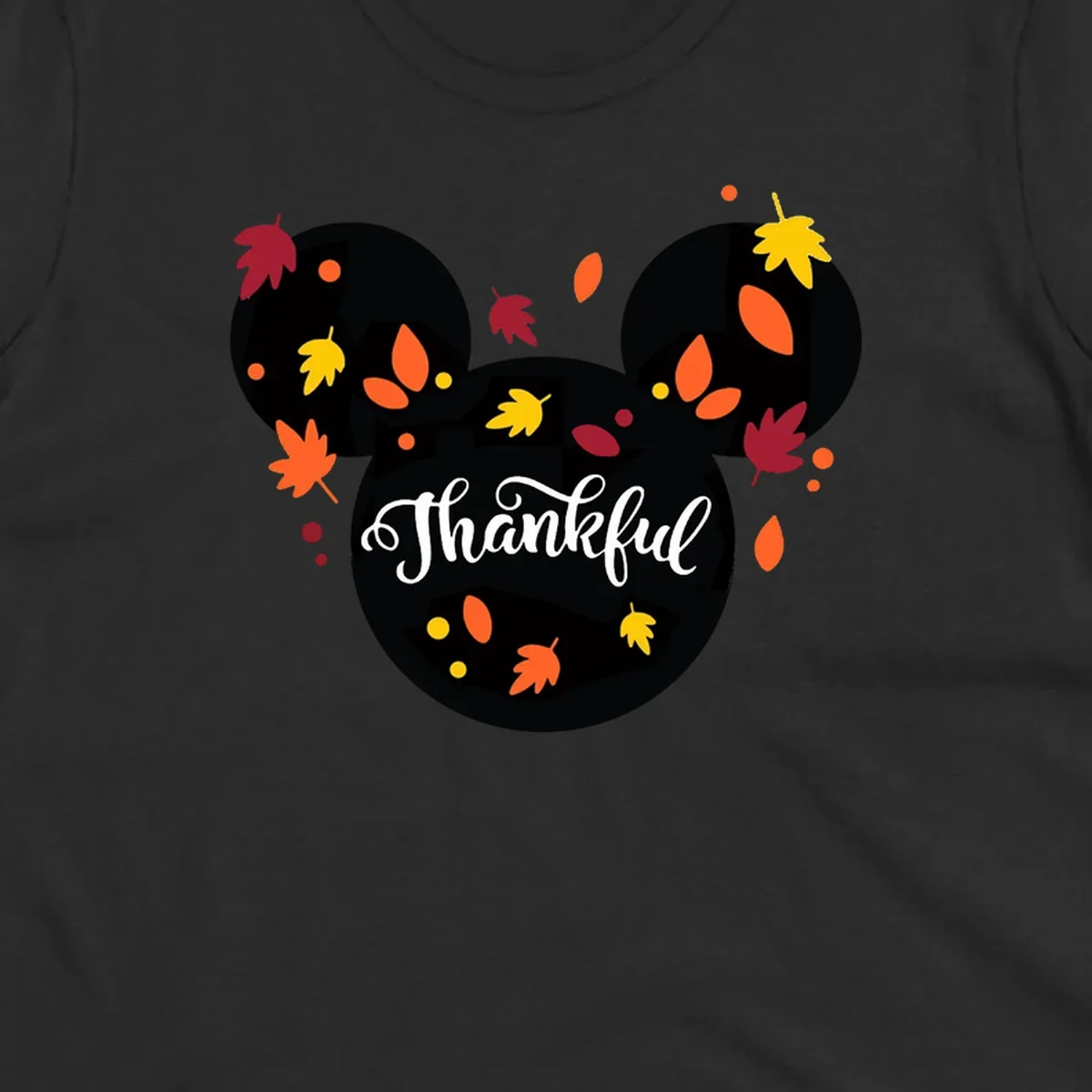 Mickey mouse head silhouette with 'Thankful' text and fall leaves, for thanksgiving shirts.