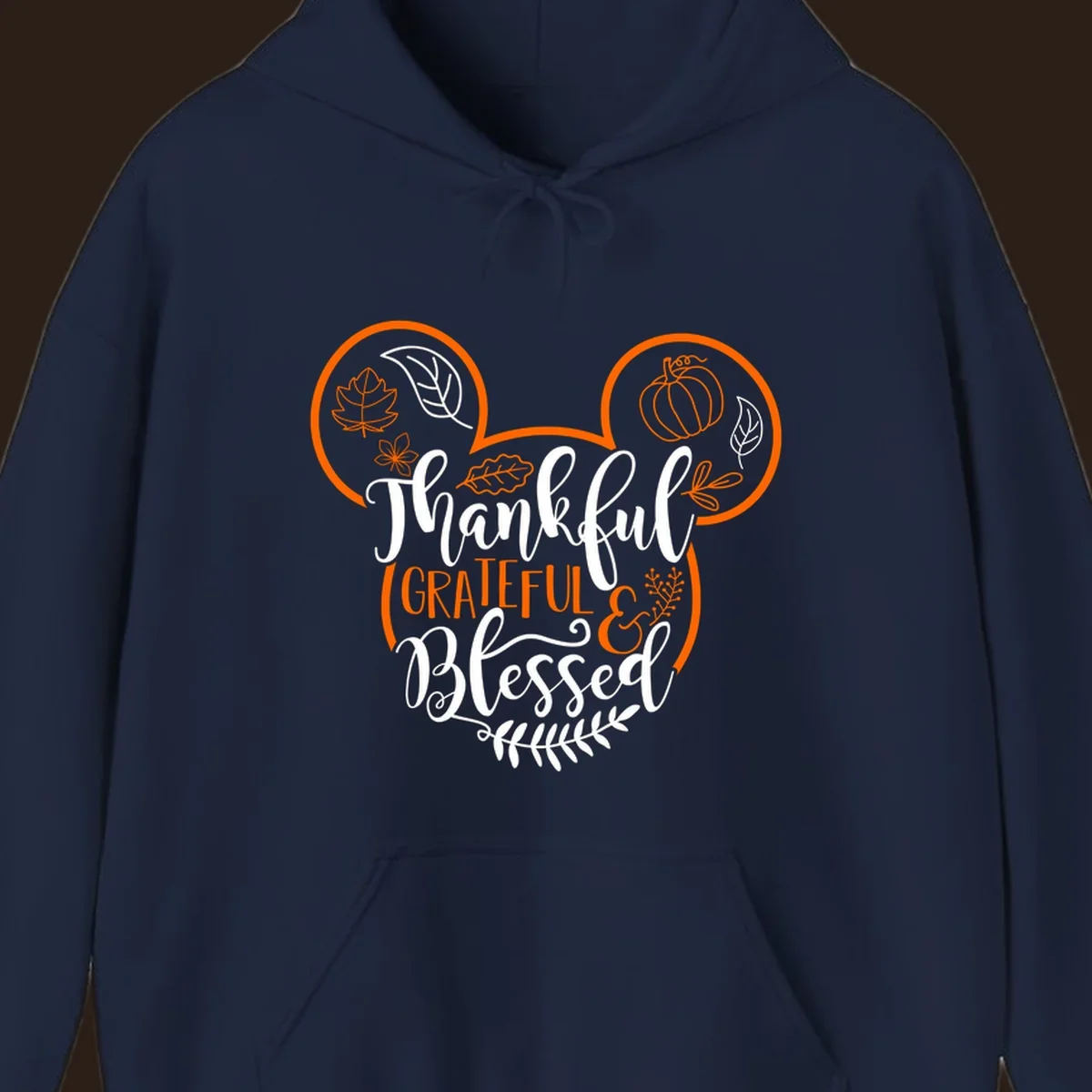 Thanksgiving Mickey Mouse head design with text Thankful GRATEFUL & Blessed and fall icons.