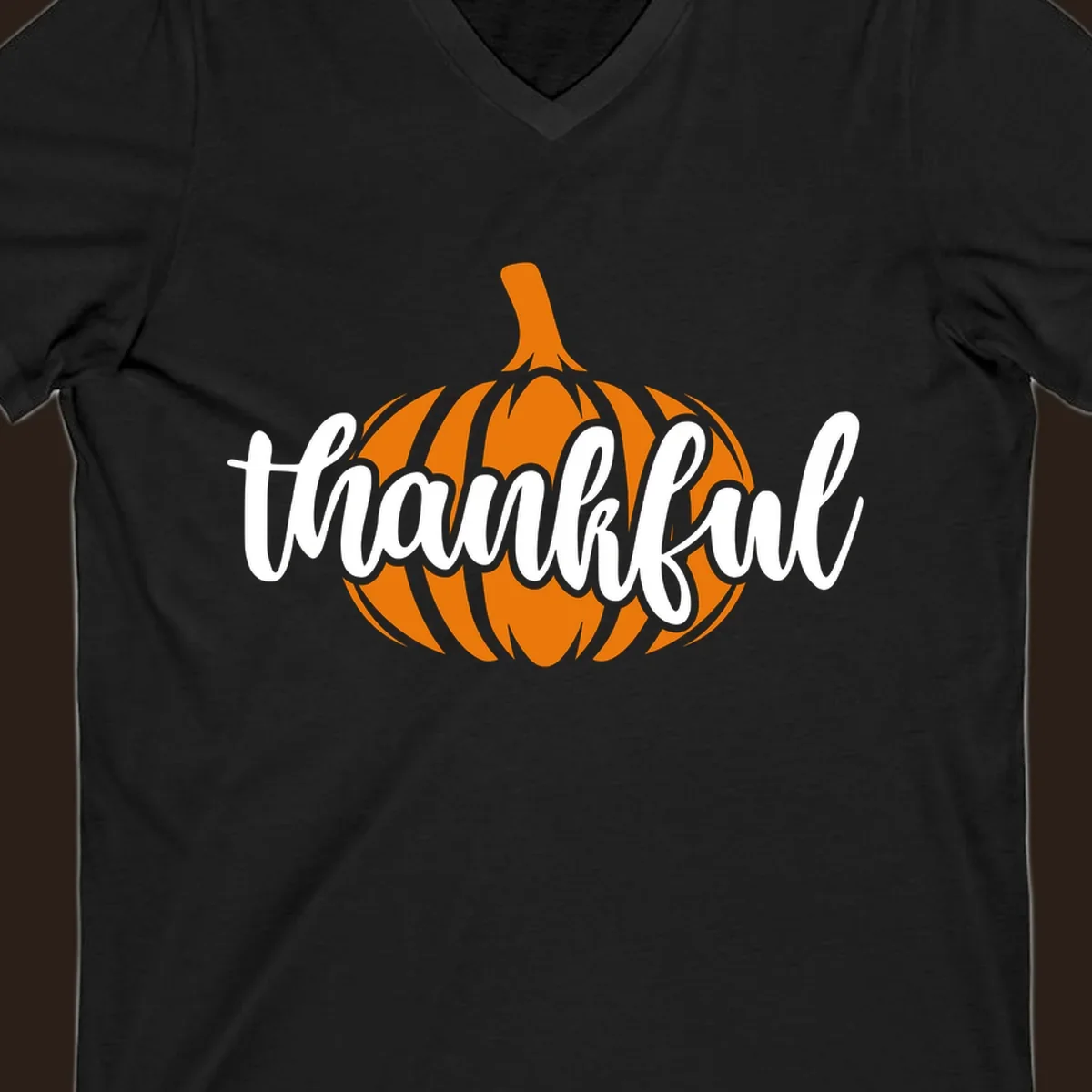 Fall thankful pumpkin script text graphic tee shirt design.