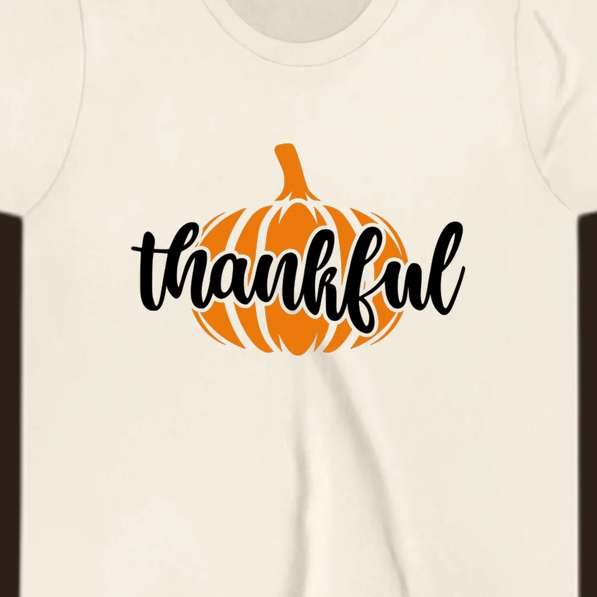 Fall thankful pumpkin script text graphic tee shirt design.