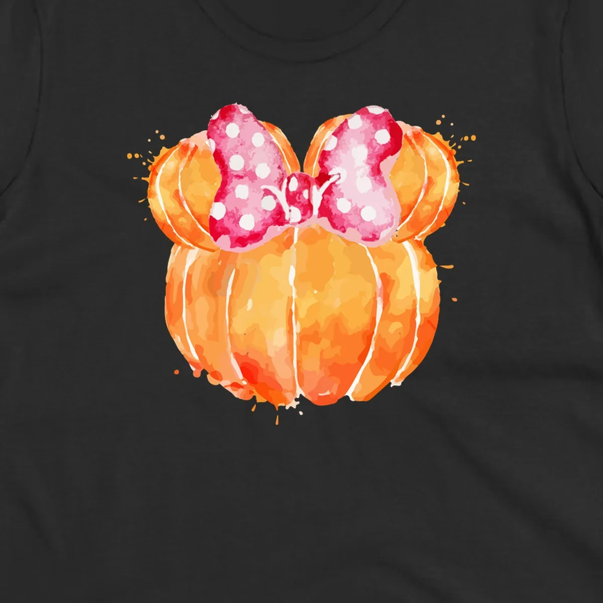 Watercolor illustration of two orange pumpkins shaped like Minnie Mouse ears with a pink polka dot bow.
