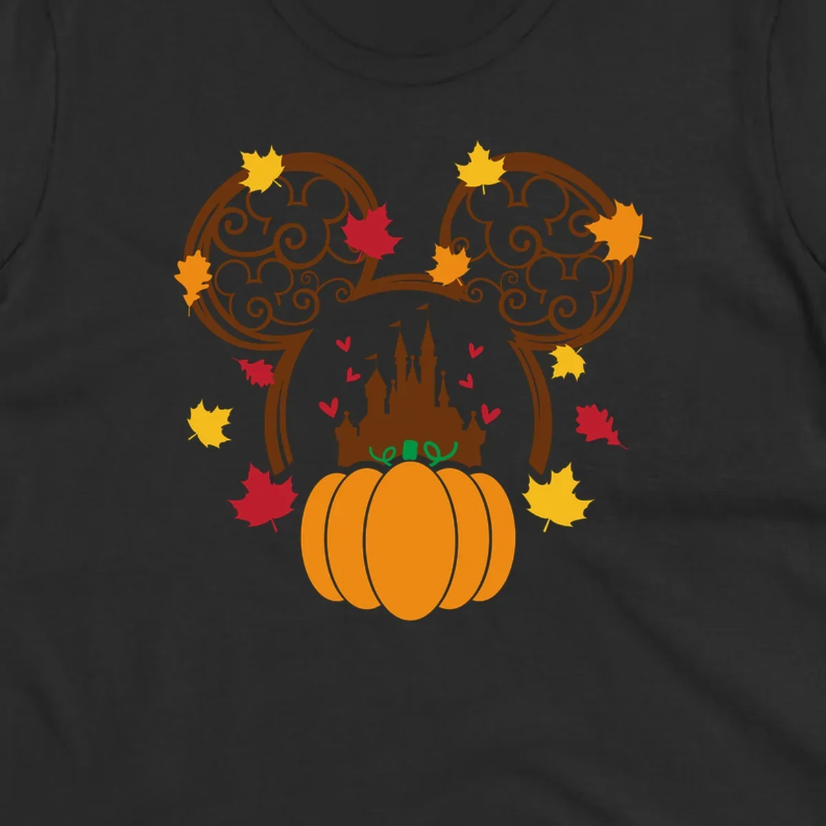 Disney fall pumpkin castle Mickey ears design with autumn leaves.
