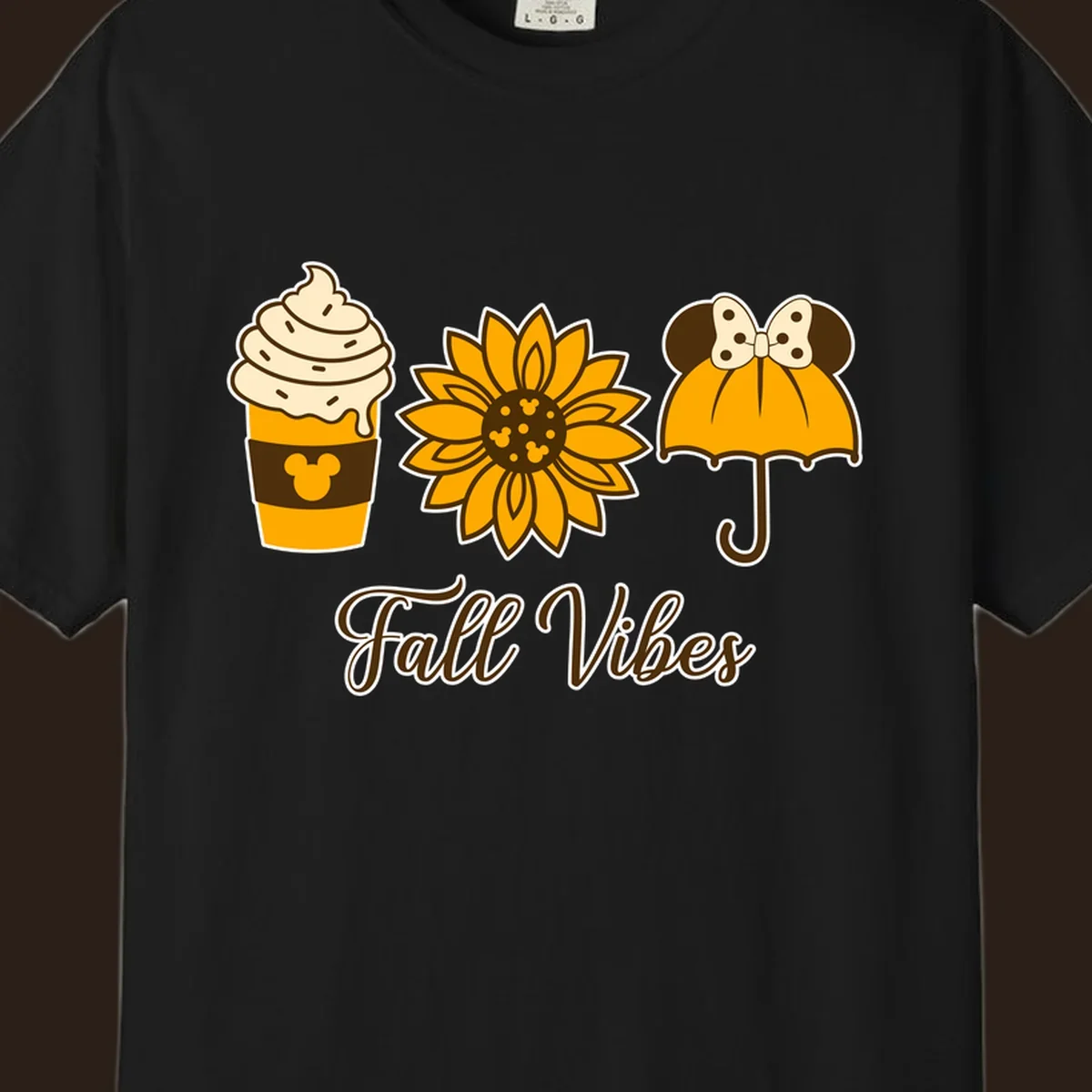 Fall Vibes design with Mickey Mouse themed coffee, sunflower, and umbrella.