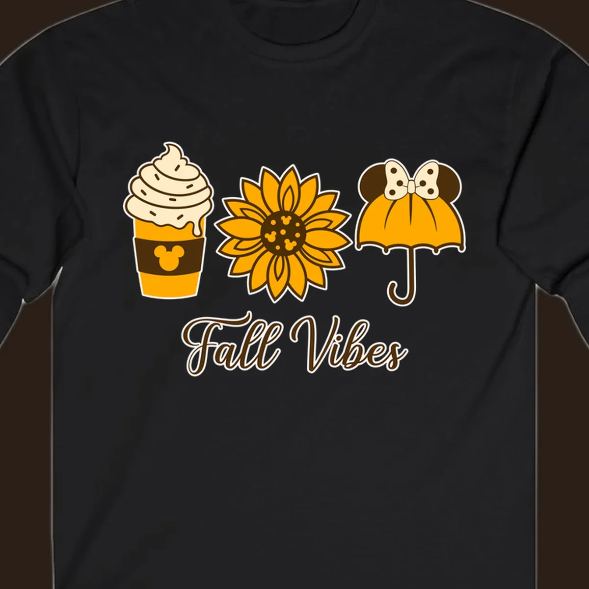 Fall Vibes design with Mickey Mouse themed coffee, sunflower, and umbrella.