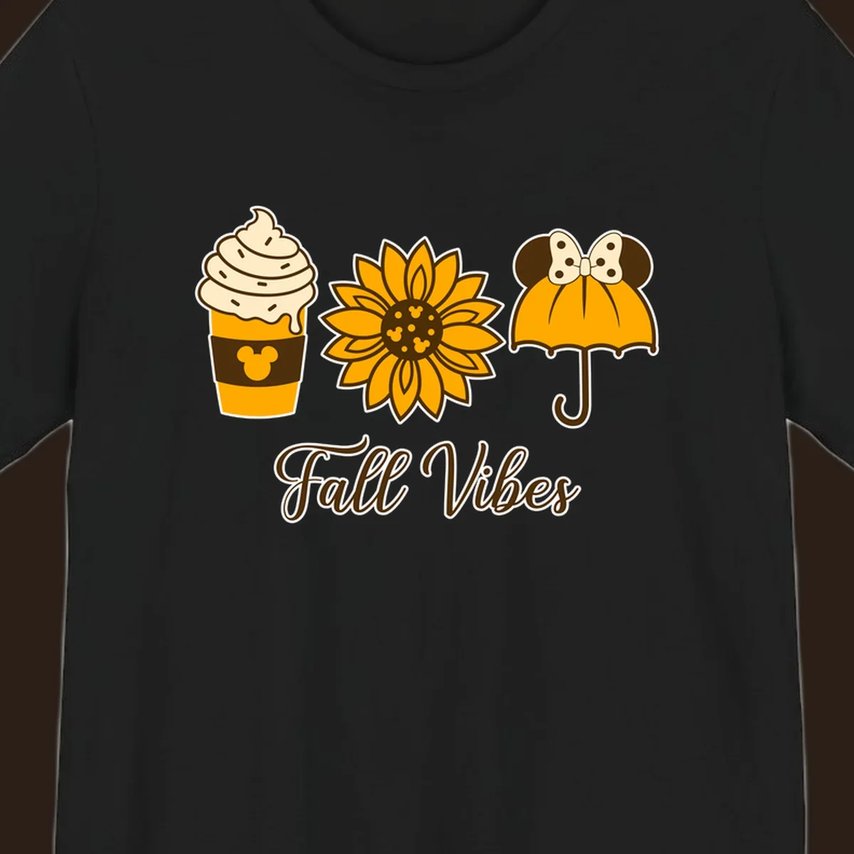 Fall Vibes design with Mickey Mouse themed coffee, sunflower, and umbrella.