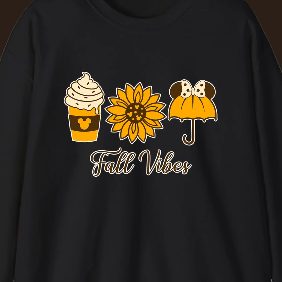 Fall Vibes design with Mickey Mouse themed coffee, sunflower, and umbrella.