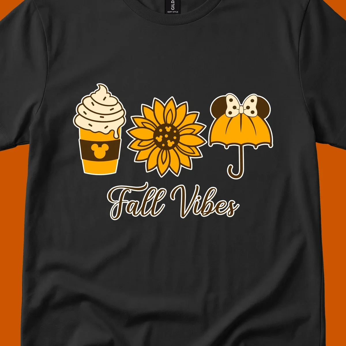 Fall Vibes design with Mickey Mouse themed coffee, sunflower, and umbrella.