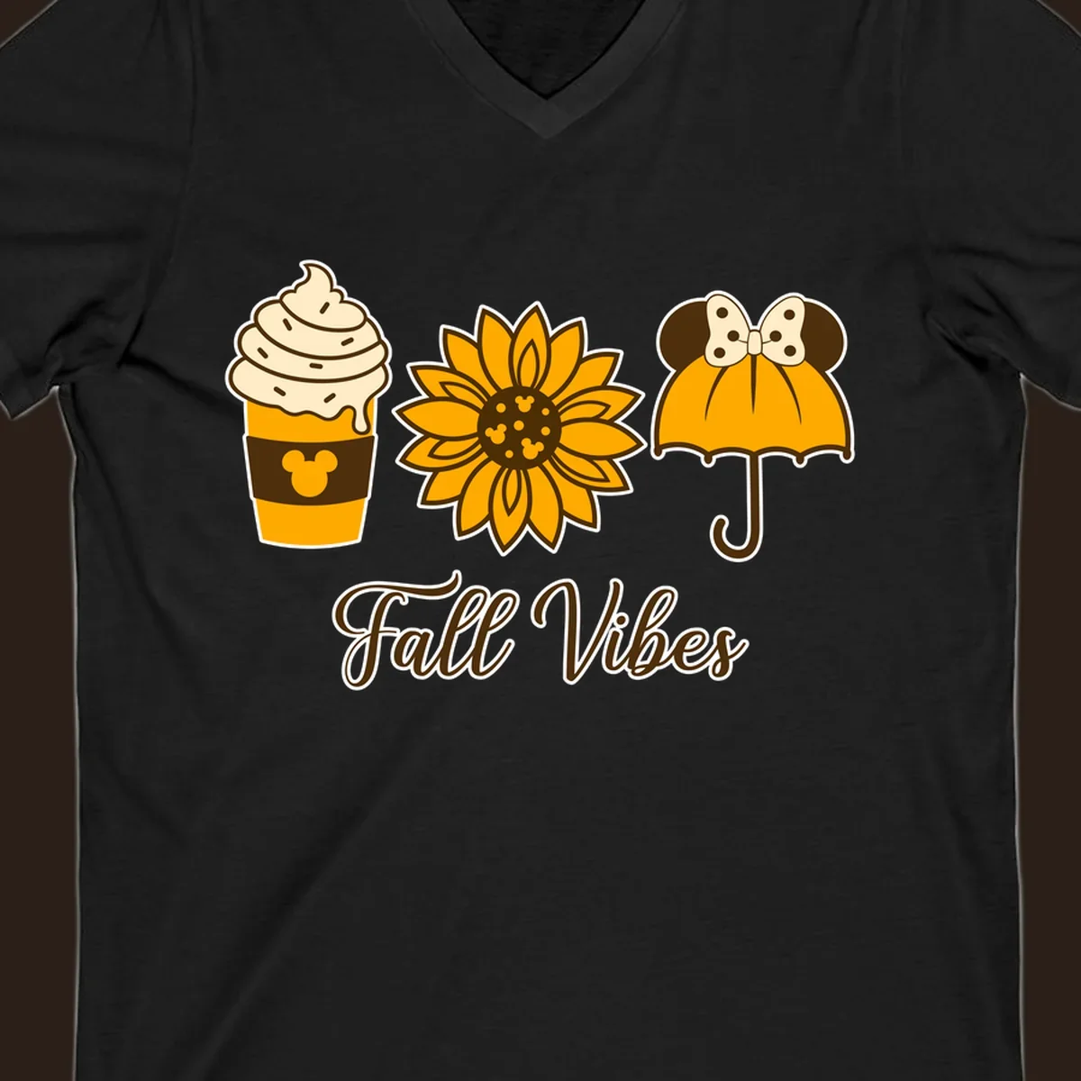 Fall Vibes design with Mickey Mouse themed coffee, sunflower, and umbrella.