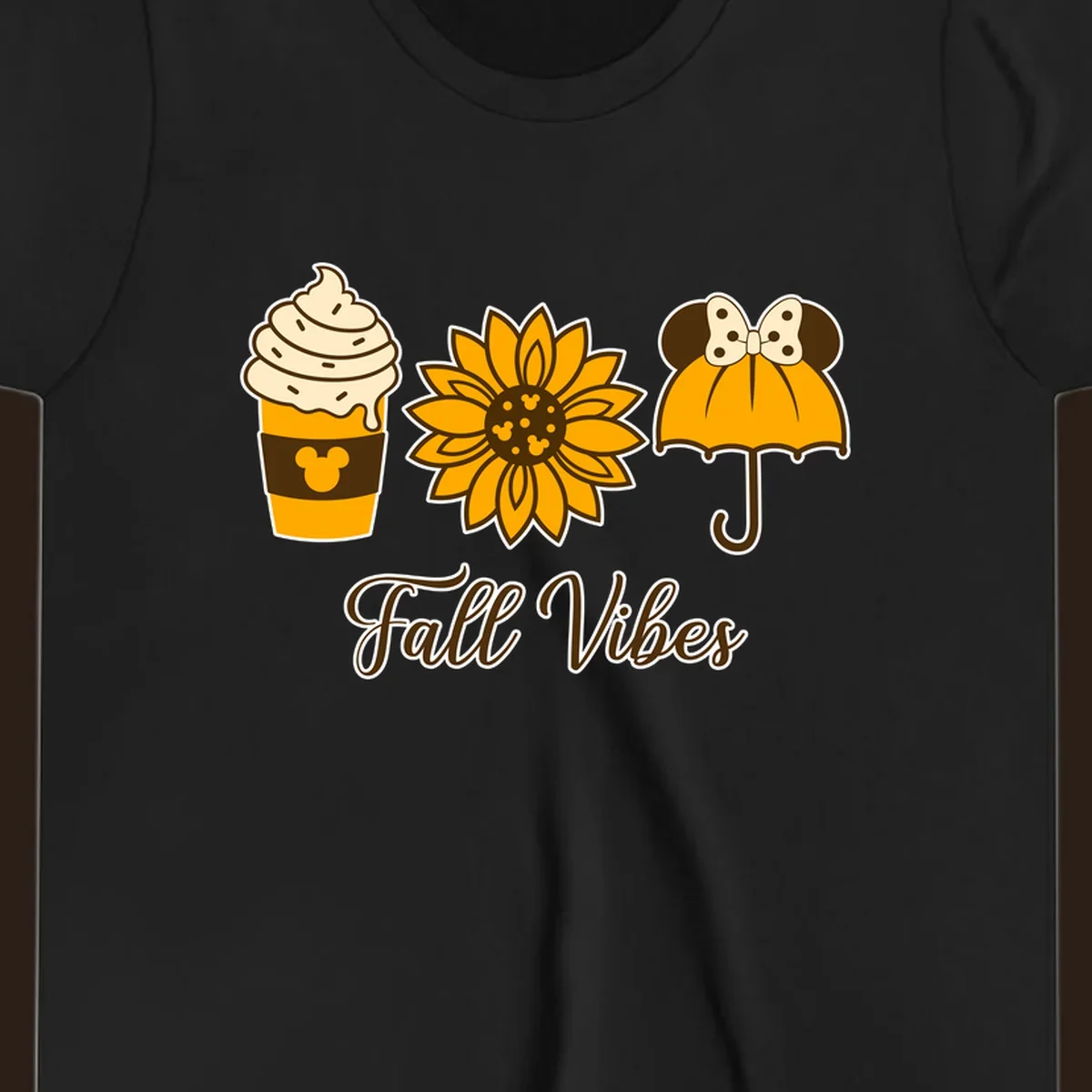 Fall Vibes design with Mickey Mouse themed coffee, sunflower, and umbrella.