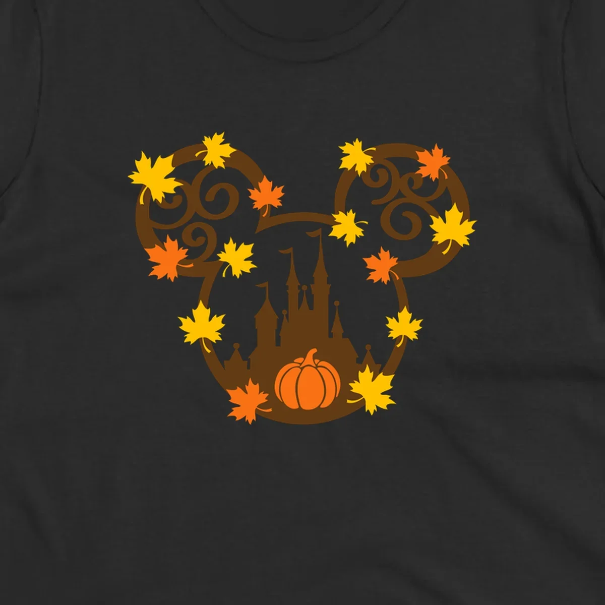Autumn mickey castle graphic with pumpkin and maple leaves.