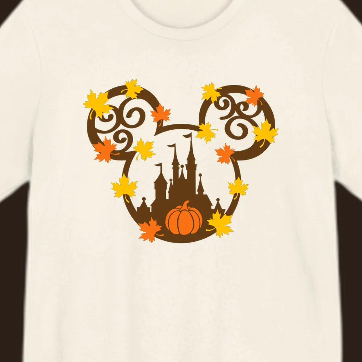 Autumn mickey castle graphic with pumpkin and maple leaves.